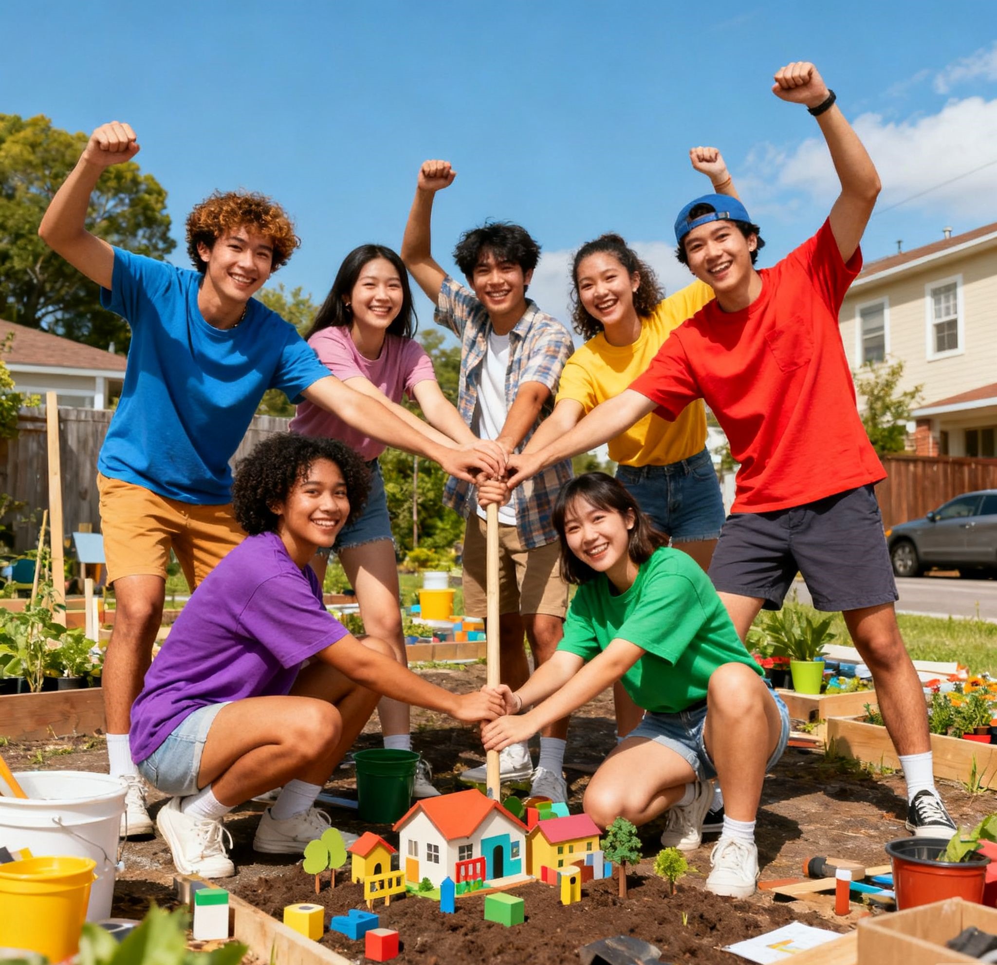 Youth group collaborating on a community project outdoors