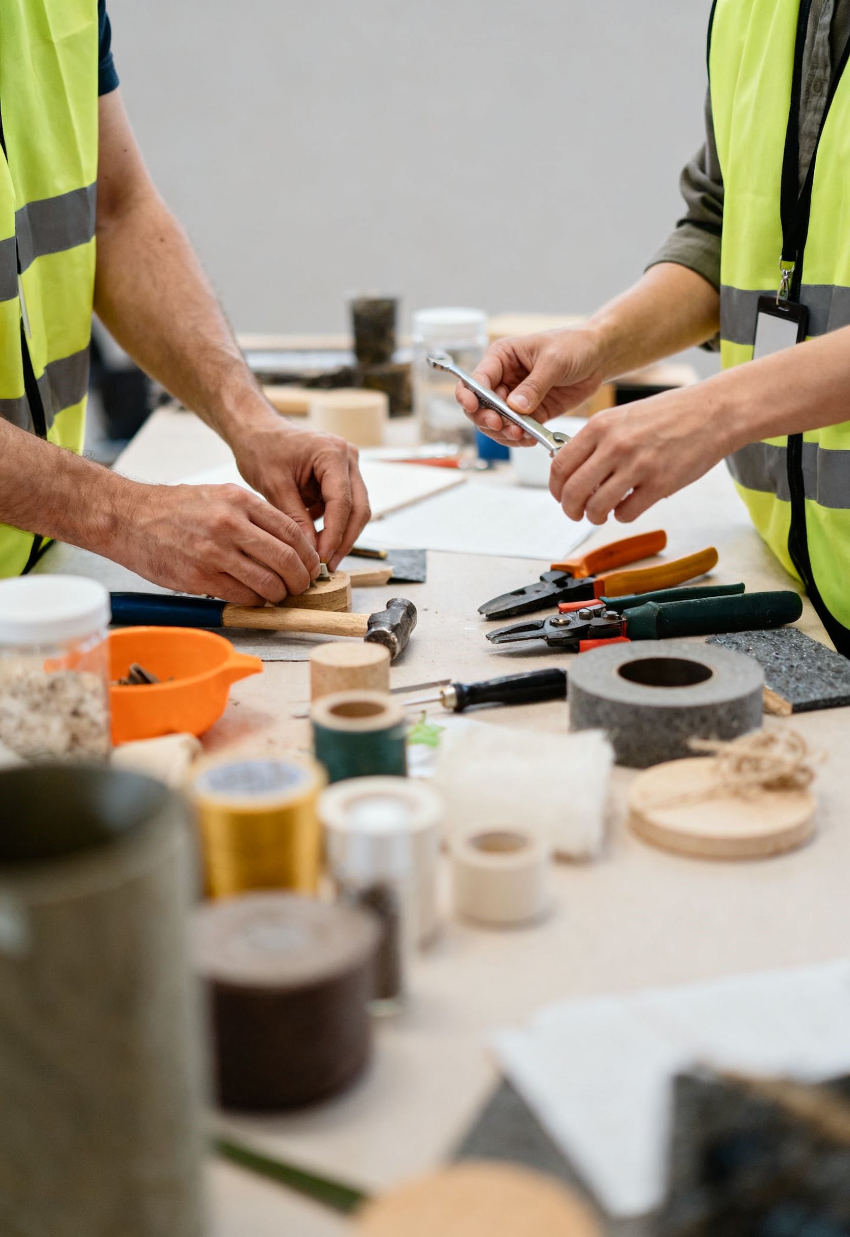 Volunteers workshop with materials and plans on a table