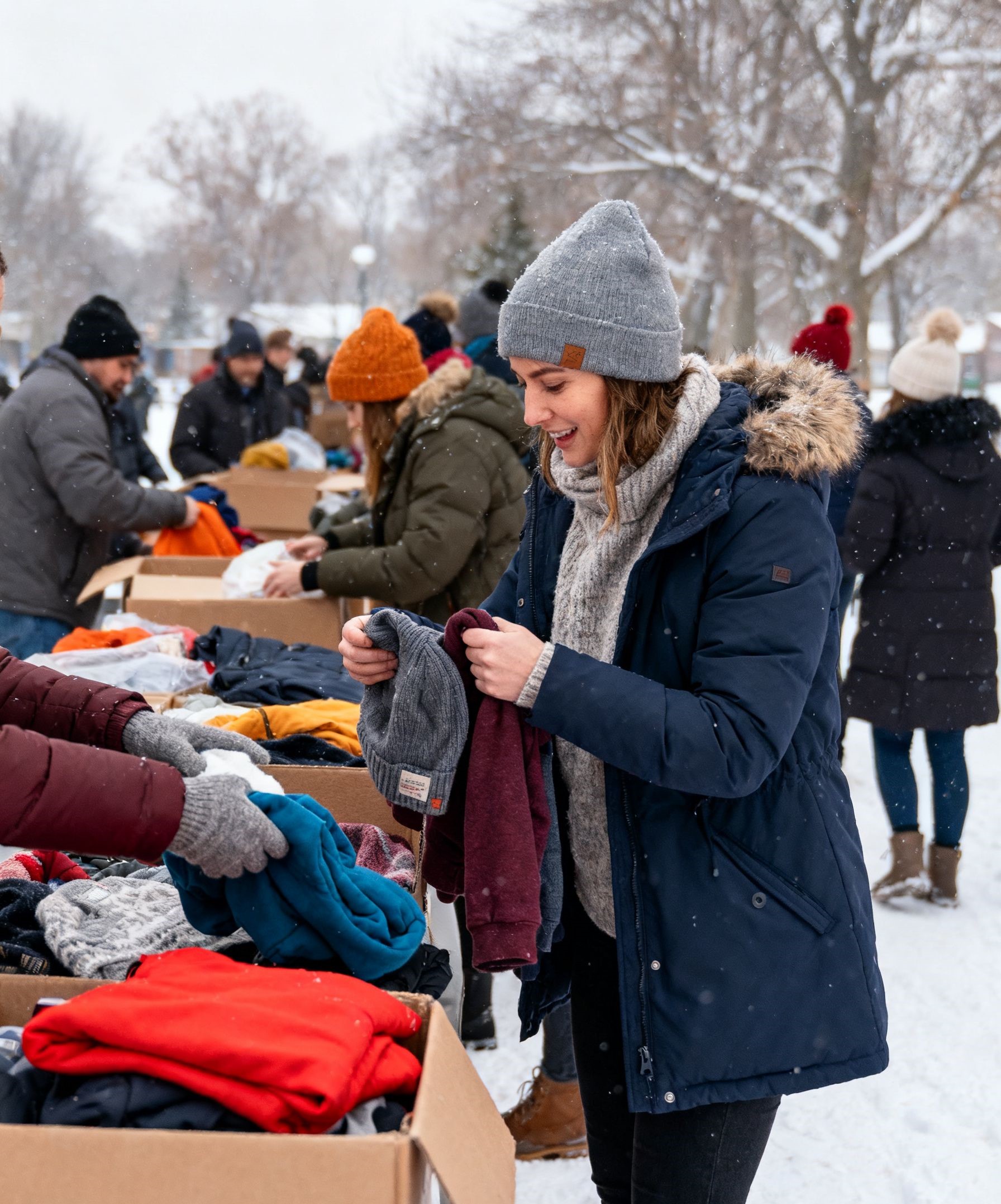 Winter aid drive distributing warm clothing