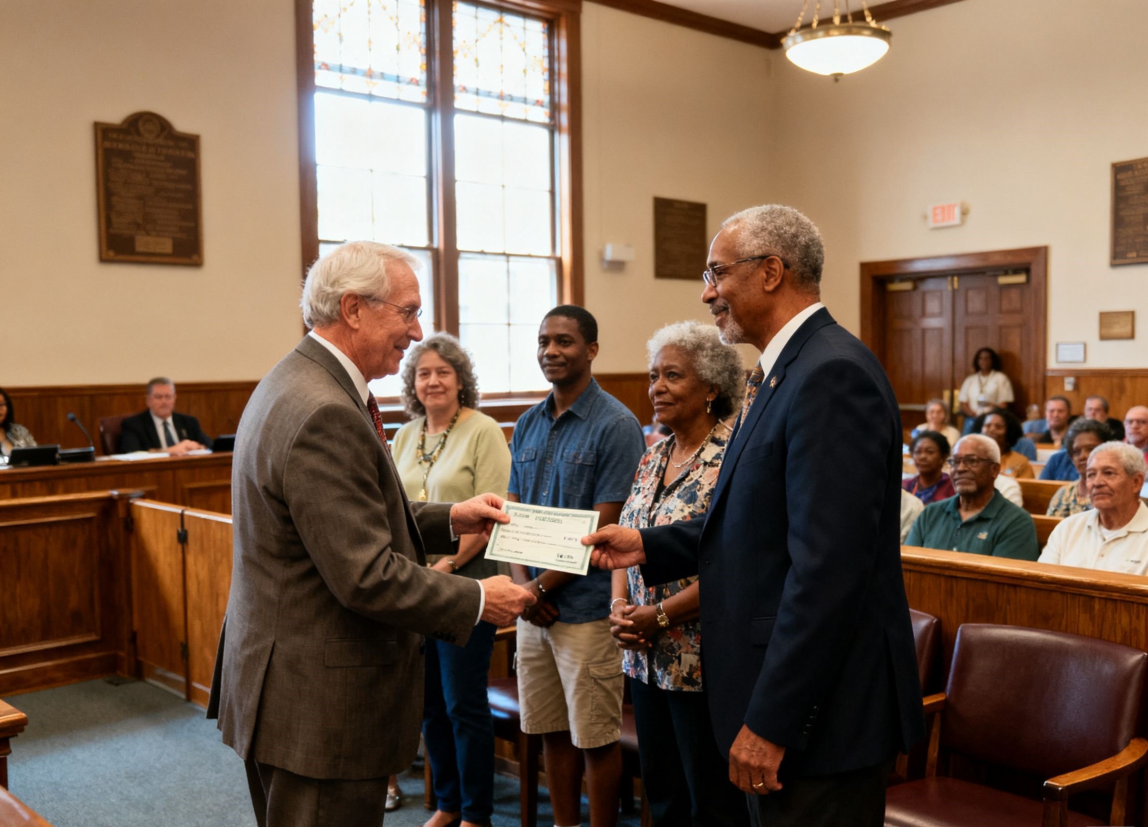 Community grant presentation in a town hall in Cranbrook, Kent