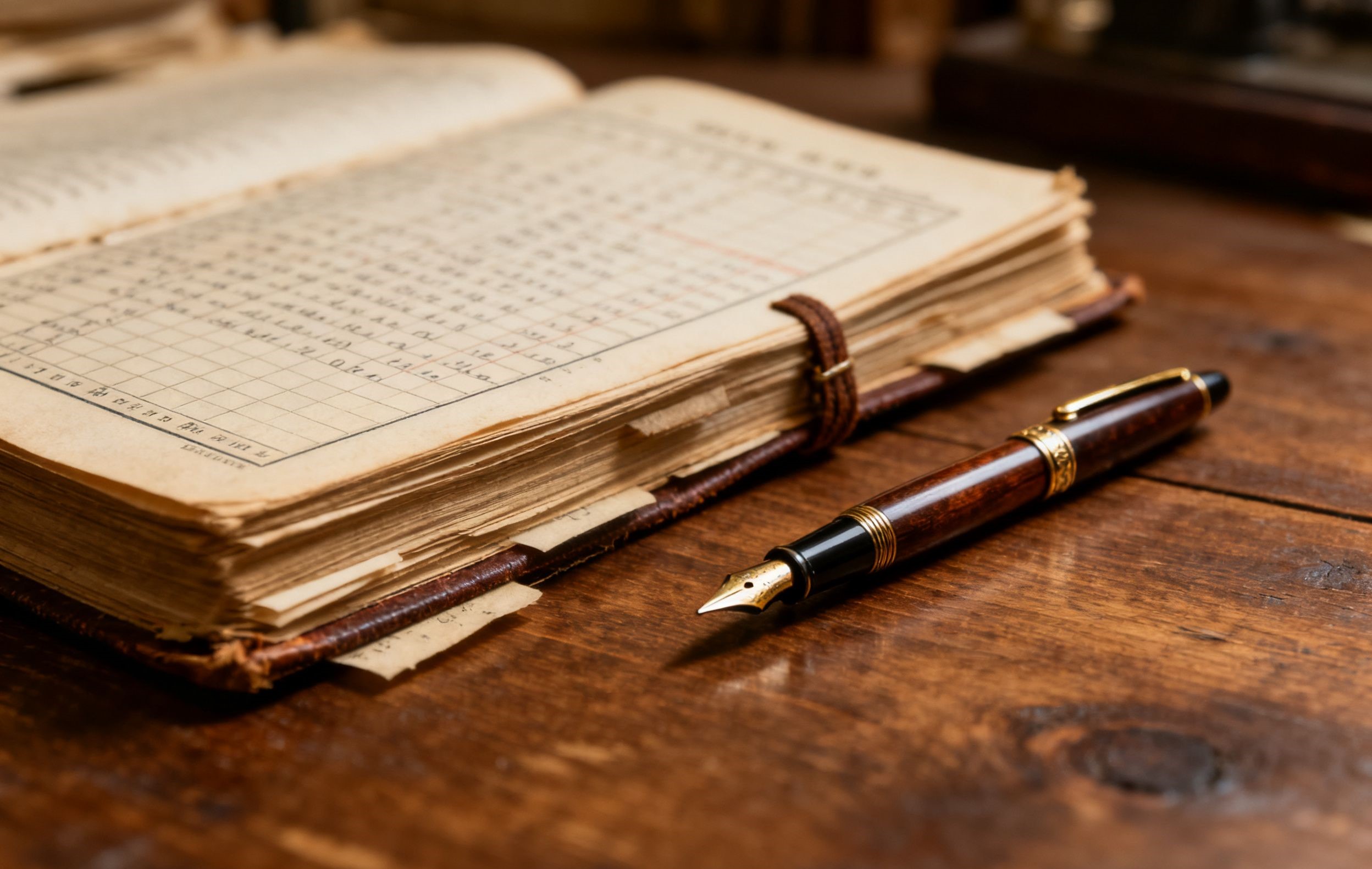 Archival ledgers and a fountain pen on a wooden desk